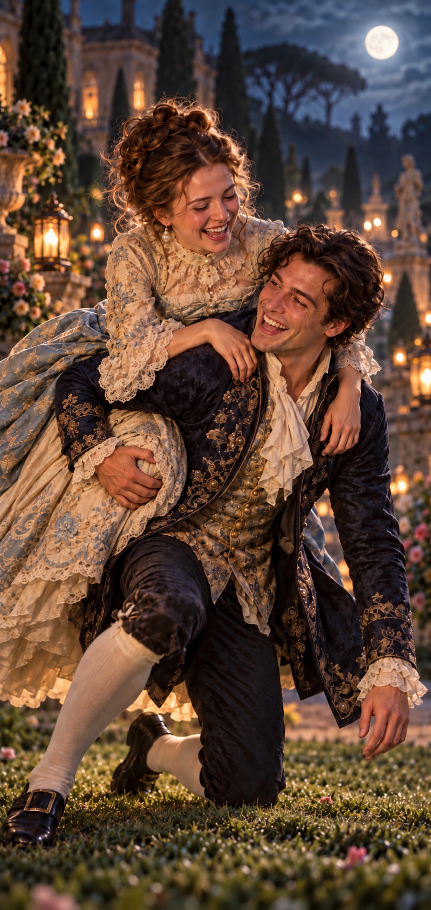 A couple in eighteenth-century dress, laughing together in a moonlit garden lit by lanterns.